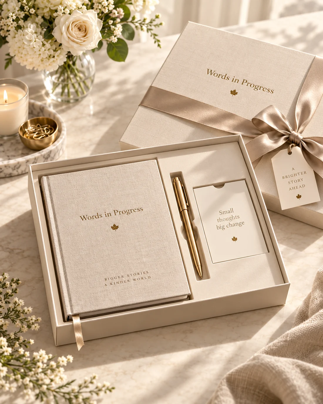 The Next Chapter gift set with a journal, gold pen, and message card