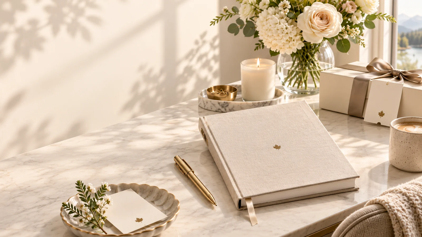A linen journal, gold pen, and flowers in warm afternoon light