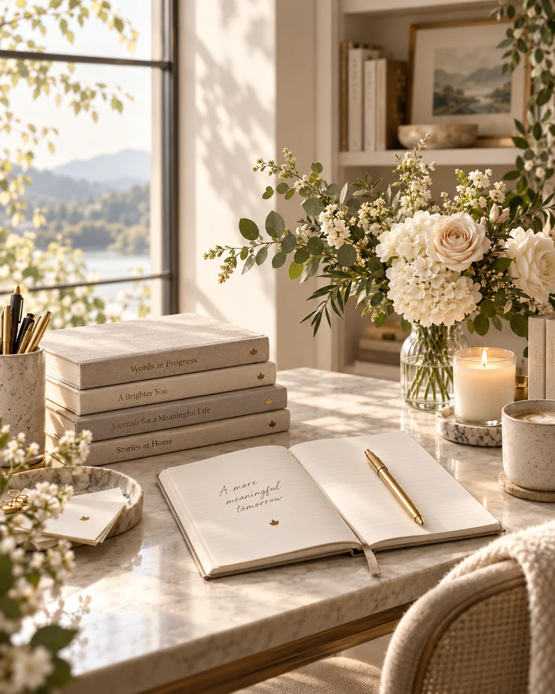 A quiet writing corner filled with journals and soft morning light
